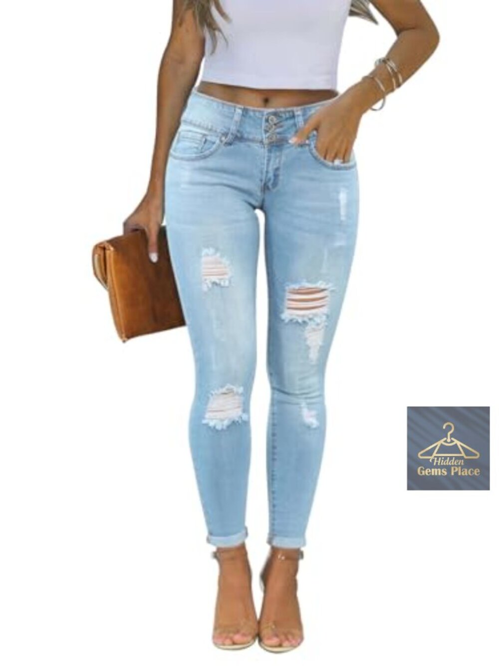 Skinny Distressed Stretchy Denim Jeans Mid Rise Ripped Tassel Hem